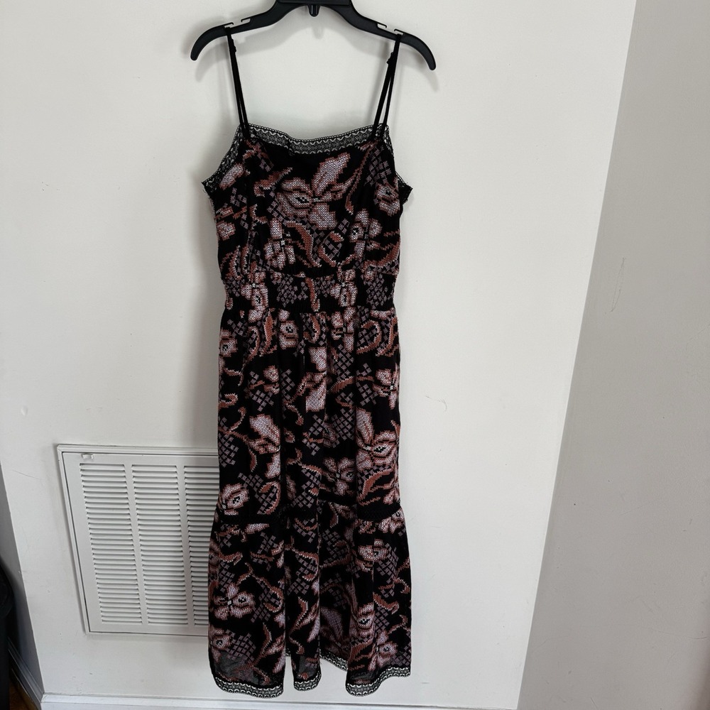 Anthropologie Embroidered Midi Black Dress Small Elastic Waistband‎
